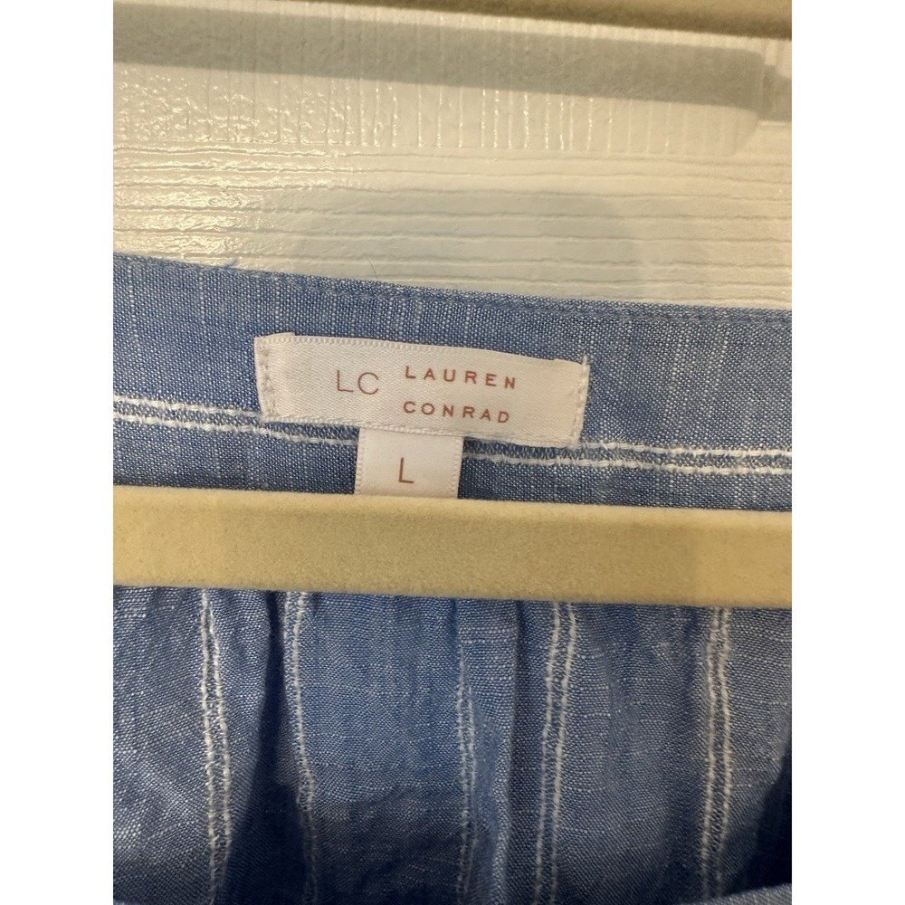 LC Lauren Conrad Blue White Striped Square Neck Balloon Sleeve Blouse L - Picture 3 of 5
